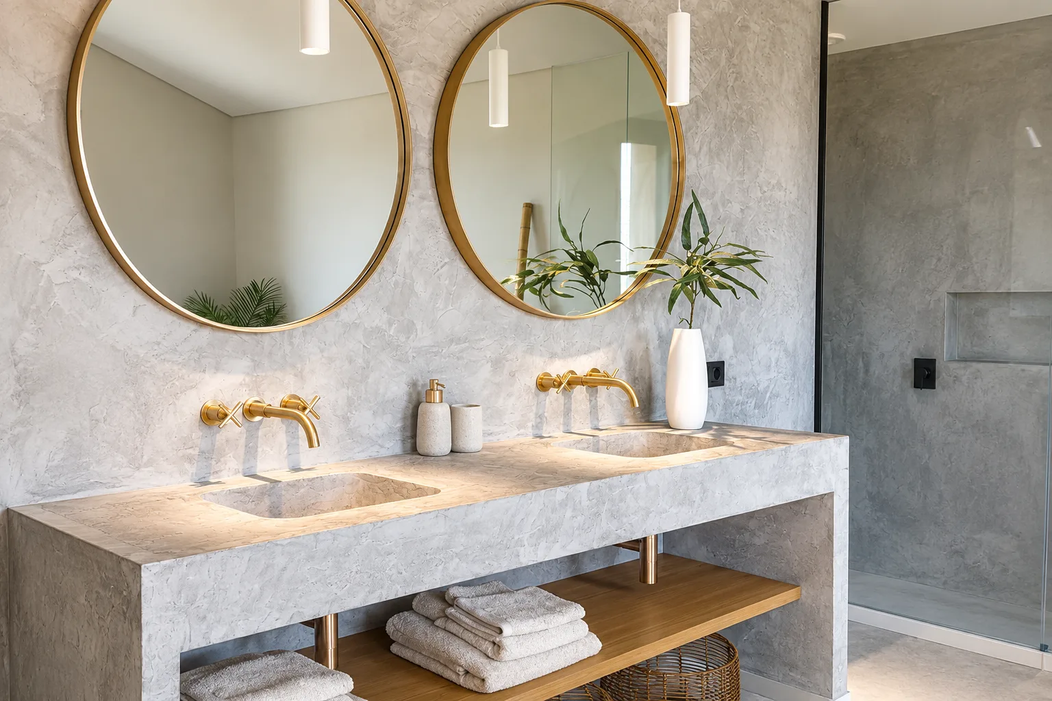 Bathroom with a double microcement vanity, round gold mirrors and brass taps