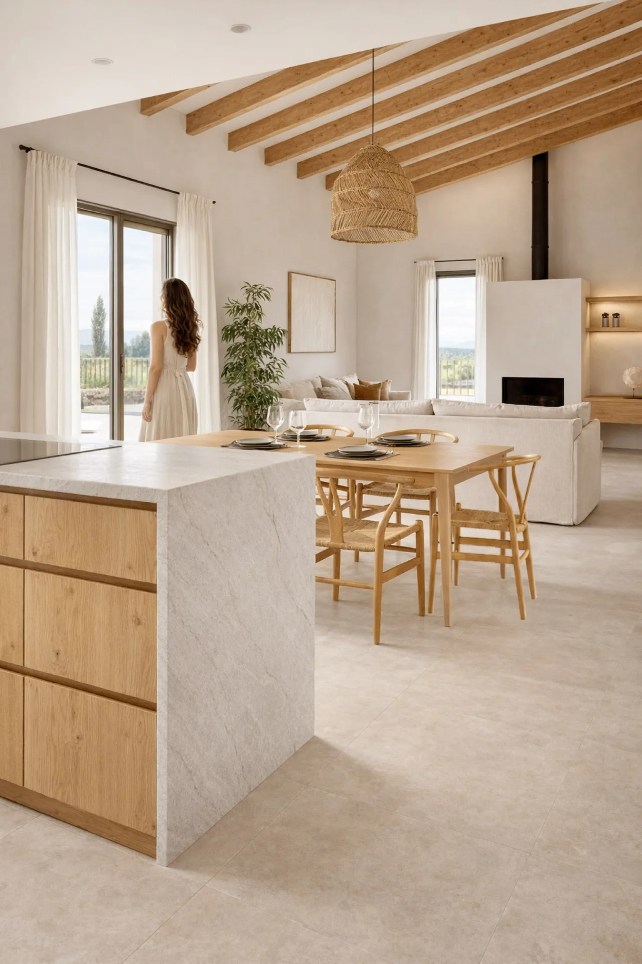 Cocina abierta con isla de madera y comedor bajo vigas de madera en Sineu Cocina abierta con isla de madera y comedor bajo vigas de madera en Sineu