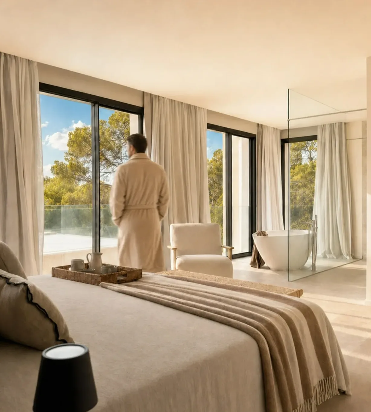 Dormitorio principal con bañera exenta y vistas a los pinos en Cala Vinyes