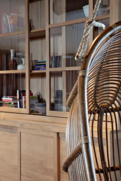 Holzregal mit Büchern und Hängesessel aus Rattan