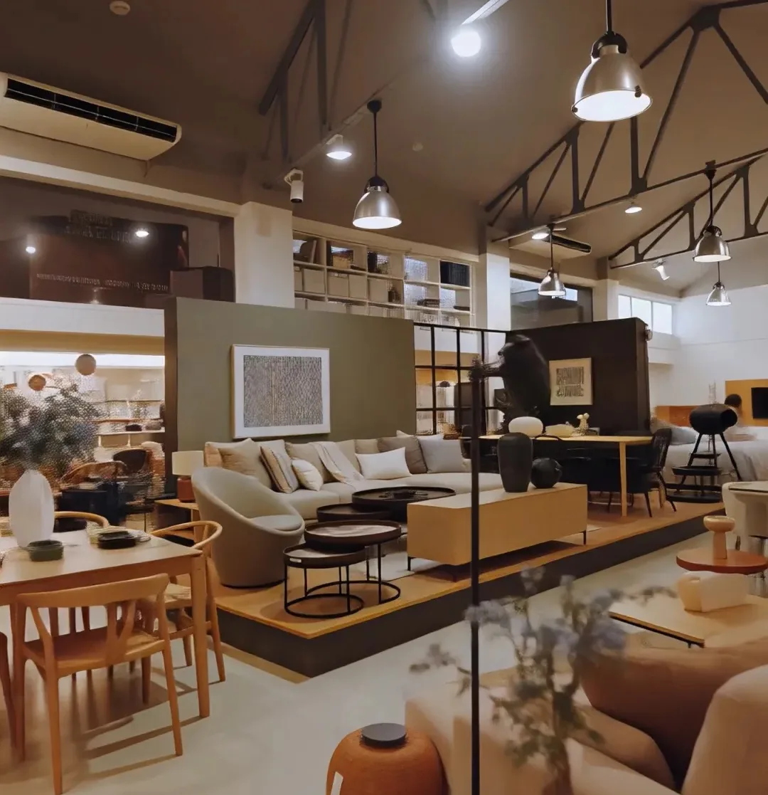 Showroom de Trends con sofás, lámparas de fibra y mesas de madera Showroom de Trends con sofás, lámparas de fibra y mesas de madera