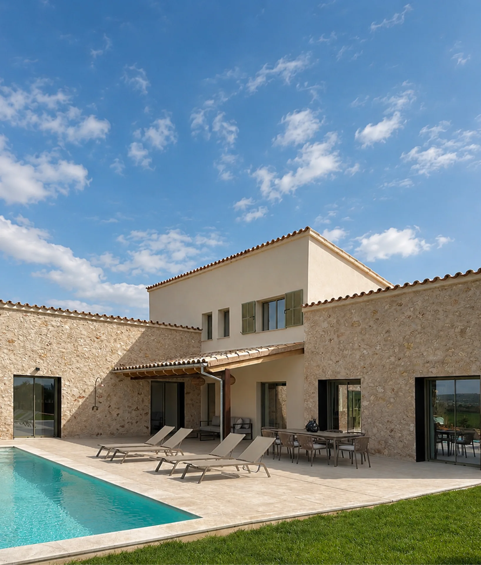 Fachada de piedra y piscina de una vivienda de obra nueva en Sineu Fachada de piedra y piscina de una vivienda de obra nueva en Sineu