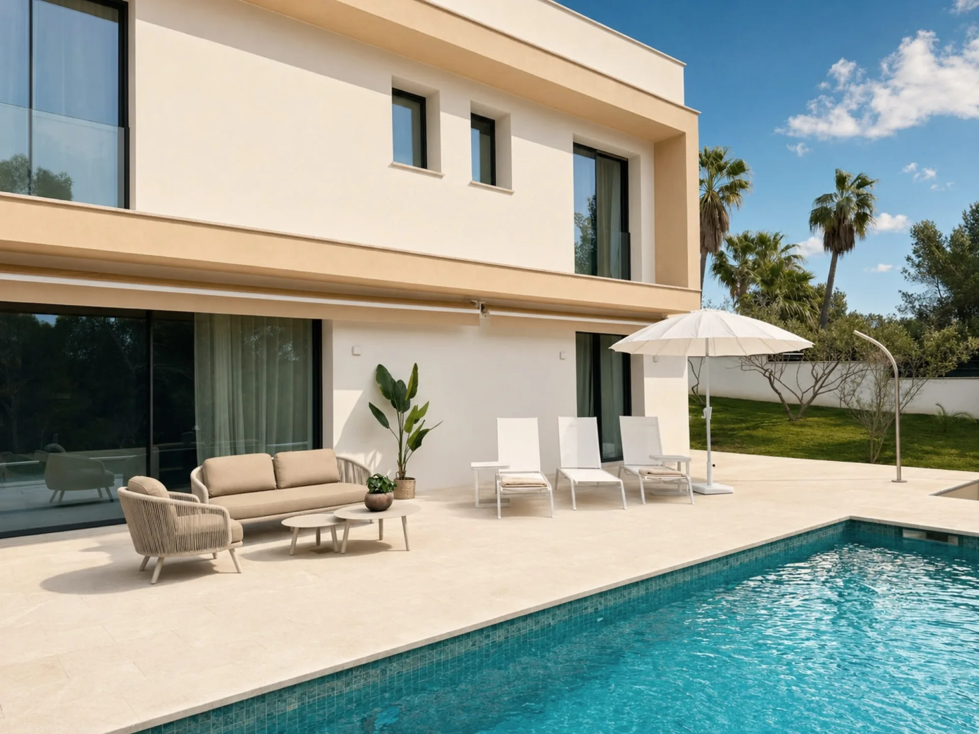 Fachada y piscina de una vivienda de obra nueva en Cala Vinyes