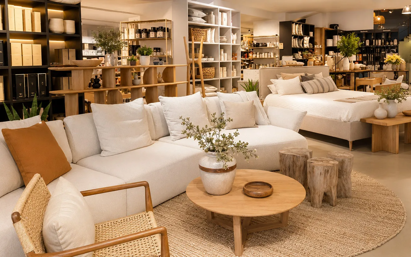 Home decor shop interior in Mallorca with a white sofa, wooden side tables and natural textures
