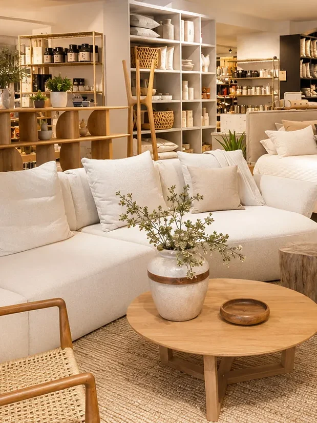 Tienda de mobiliario con sofá curvo blanco, mesa de centro de madera y estanterías con objetos de decoración