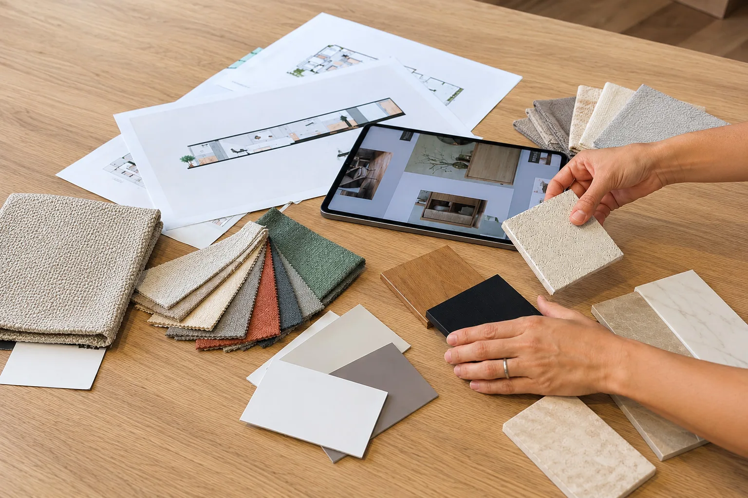 Stoff- und Materialmuster mit Grundrissen auf einem Holztisch