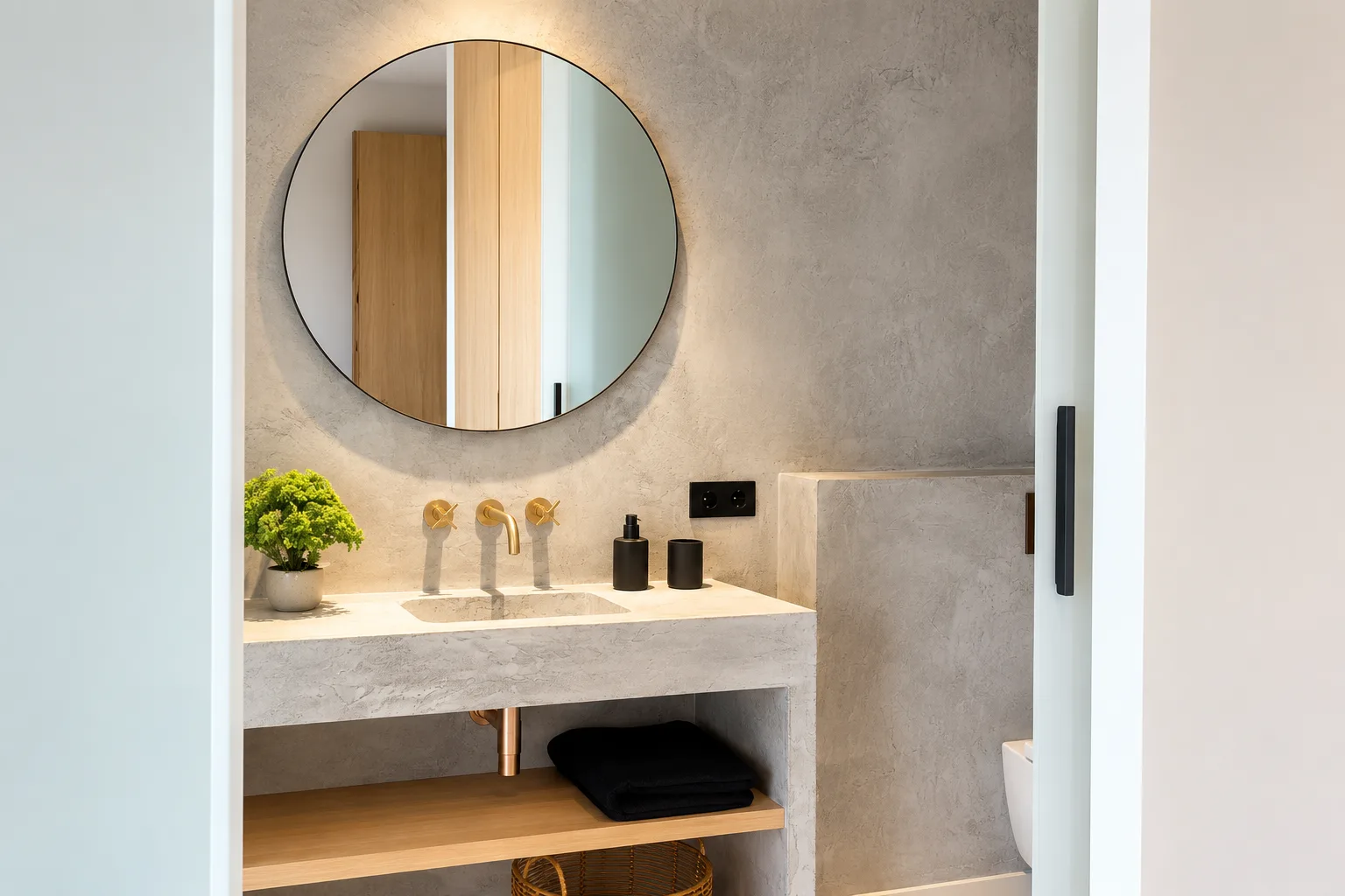 Microcement washbasin with a round mirror and wooden towel shelves