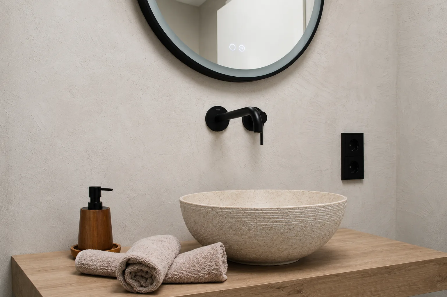 Stone vessel basin on a wooden countertop with black wall-mounted taps
