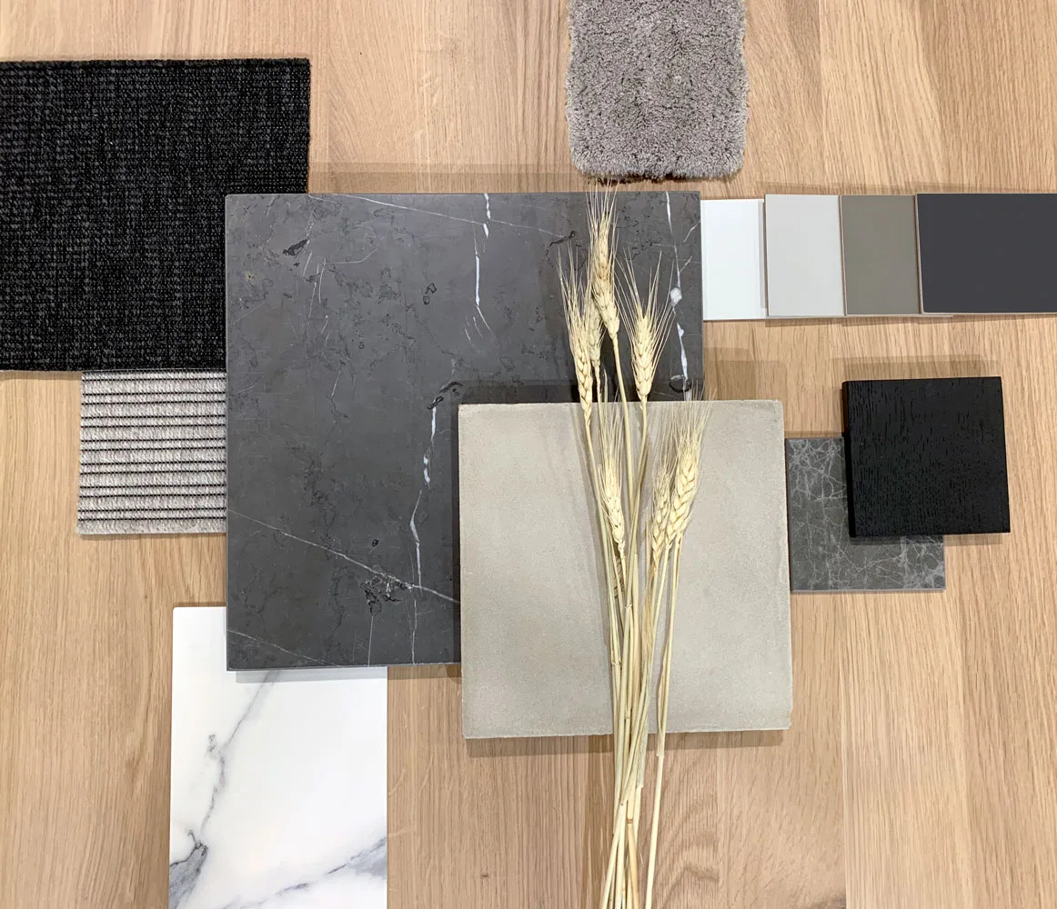 Moodboard de materiales: piedra, mármol, madera y tejidos Moodboard de materiales: piedra, mármol, madera y tejidos