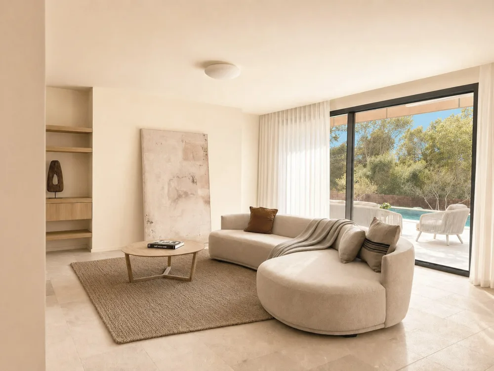 Living room of a holiday home in Cala Vinyes with a curved sofa and garden access, designed by Trends Studio