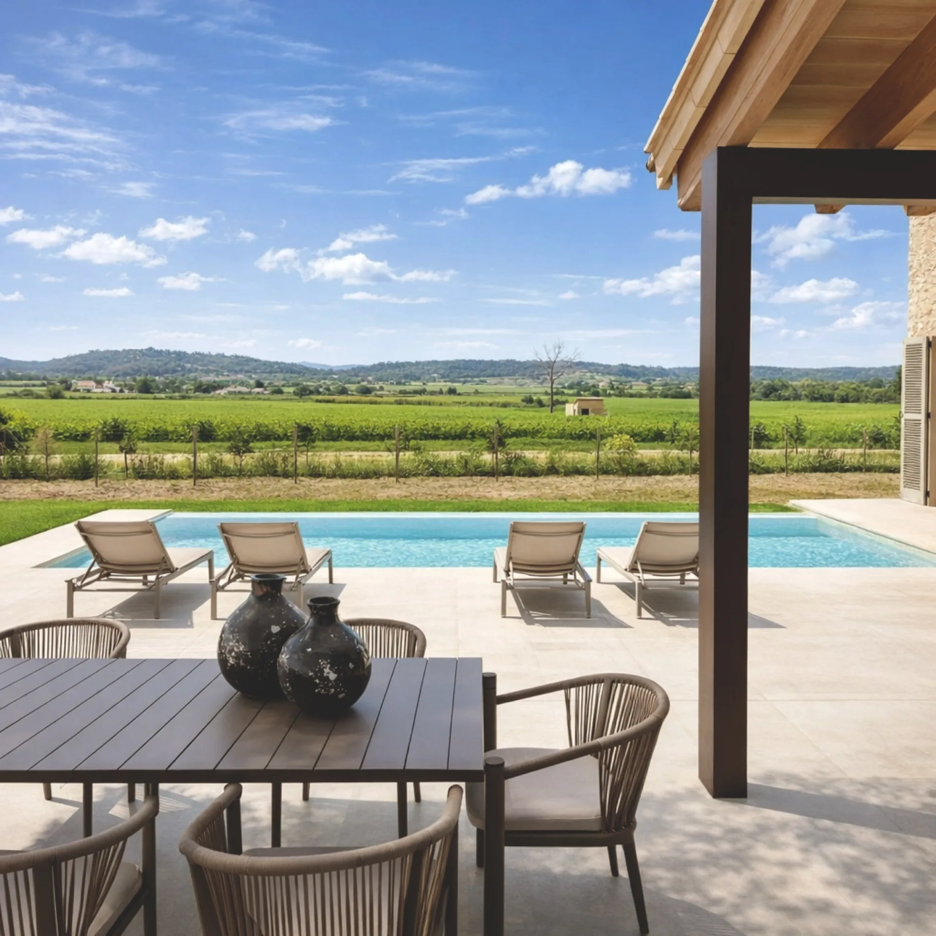 Terraza con comedor exterior frente a la piscina y el campo de Sineu Terraza con comedor exterior frente a la piscina y el campo de Sineu