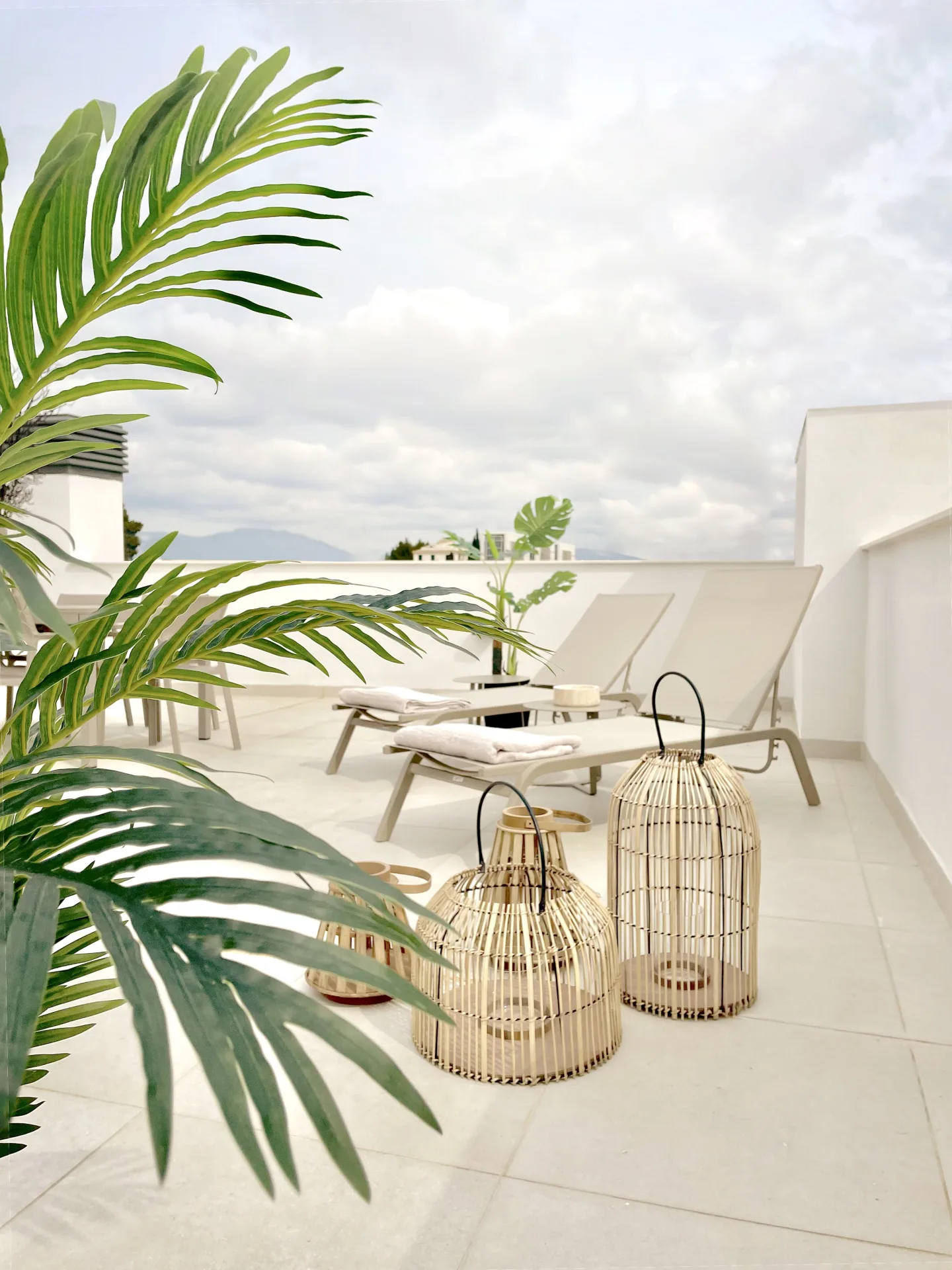 Terraza con tumbonas, palmera y farolillos Terraza con tumbonas, palmera y farolillos