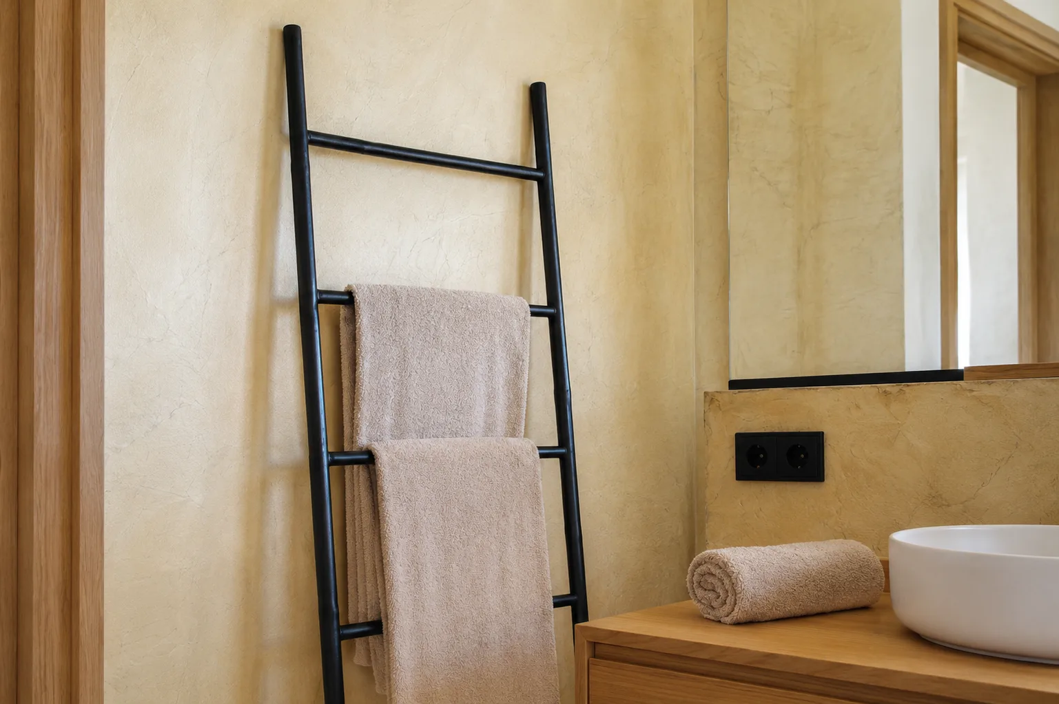 Black ladder towel rail next to a countertop basin on sand-coloured walls